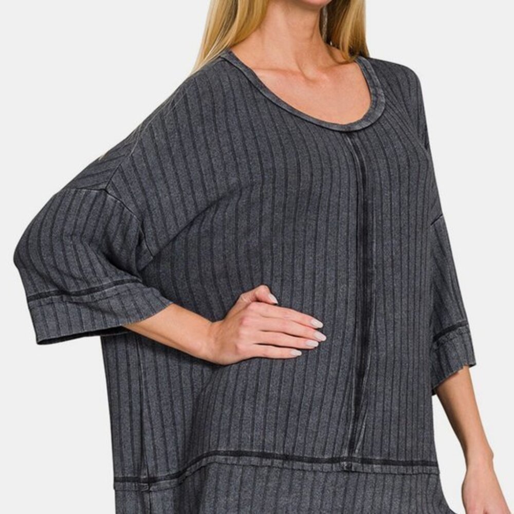 Washed Ribbed Drop Shoulder Half Sleeve Top